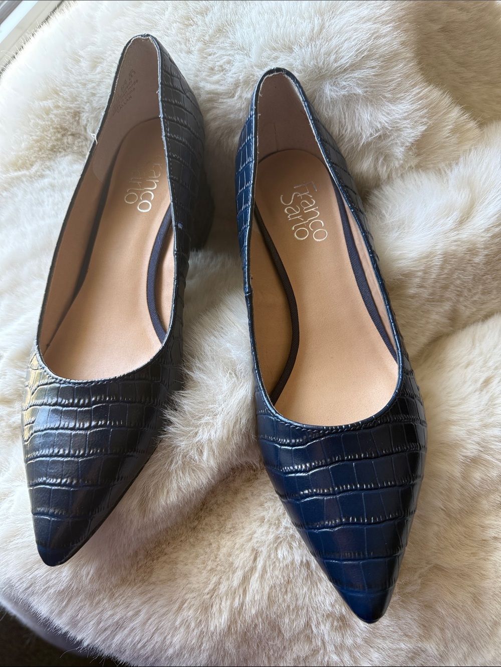 Franco Sarto Navy Croc-Embossed Pointed Toe Flats